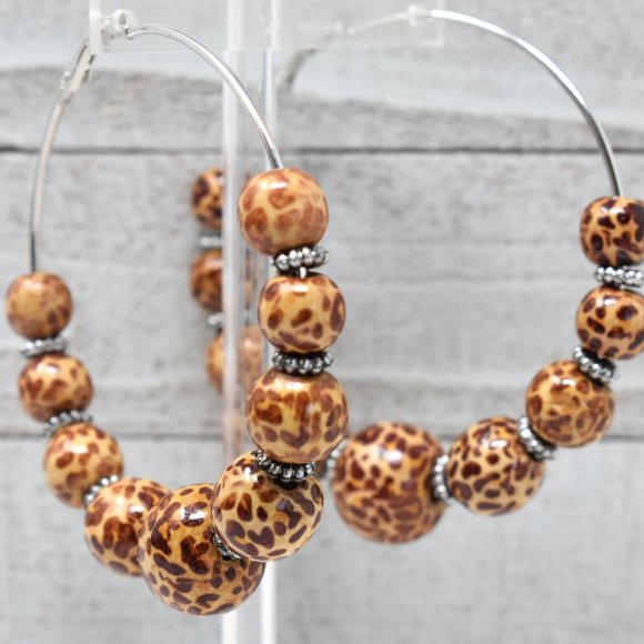 Oversized Wood Leopard Print Bead Hoop Earrings - Picture 11 of 11